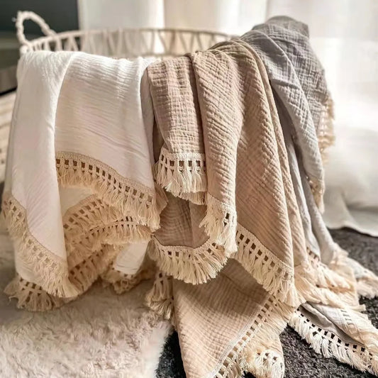 Cotton Swaddle Blankets: Newborn Tassel Receiving Wrap
